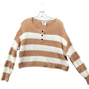 NEW American Eagle Sweater Womens S Relaxed Cropped Tan Ivory Striped Henley